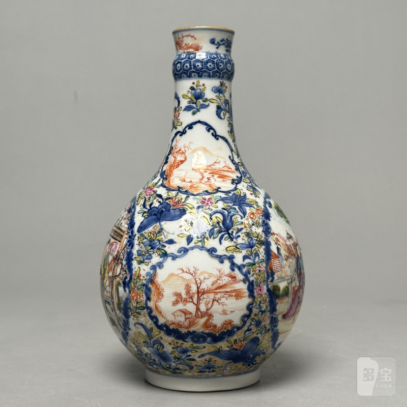 清乾隆 青花粉彩人物纹蒜头瓶 - 图3